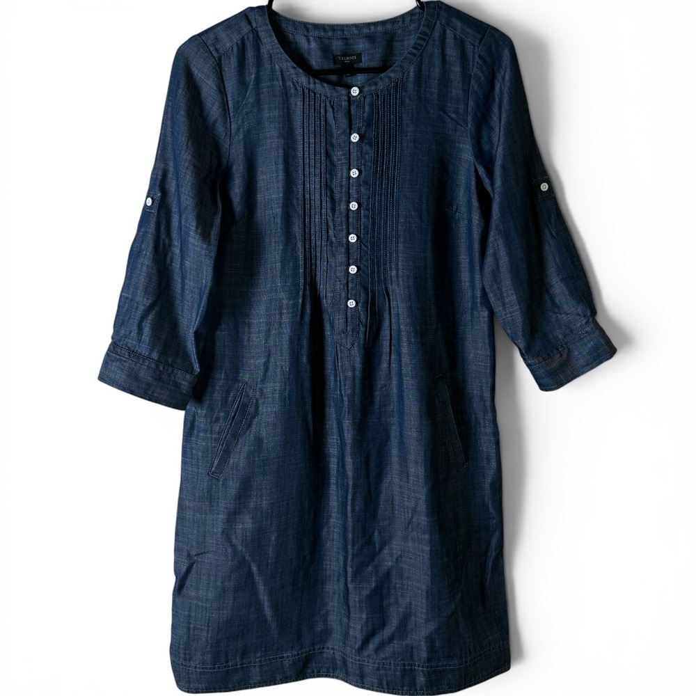 Talbots 2P Chambray Denim Shift‎ Dress Pintuck Pockets Roll Tab Sleeve Blue